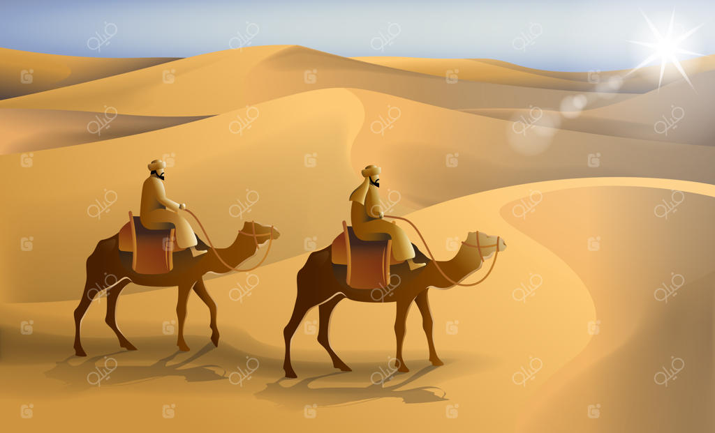 منظره صحرای عربستان با دو مرد سواره بر شتر و نور درخشان خورشید