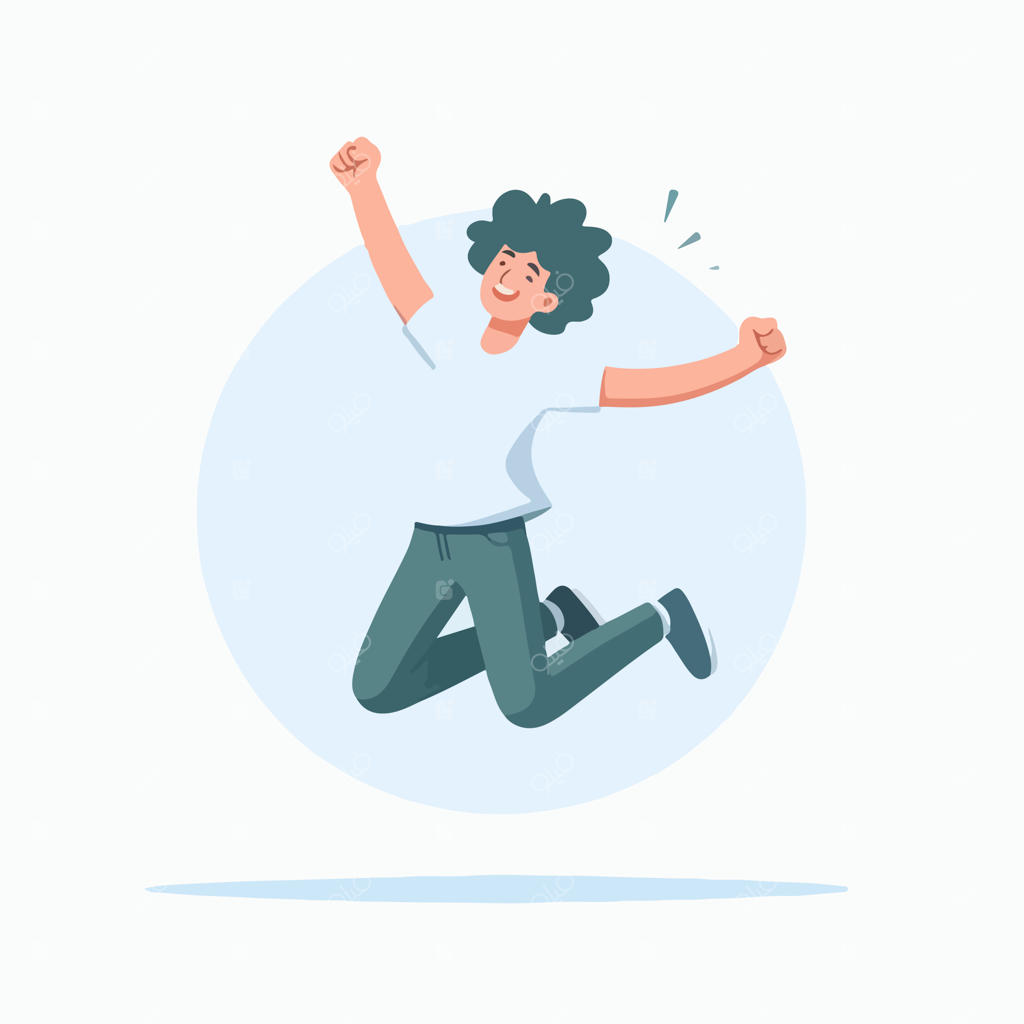 وکتور نوجوان مو فرفری در حال پرش با خوشحالی و سبک طراحی تخت و مینیمال