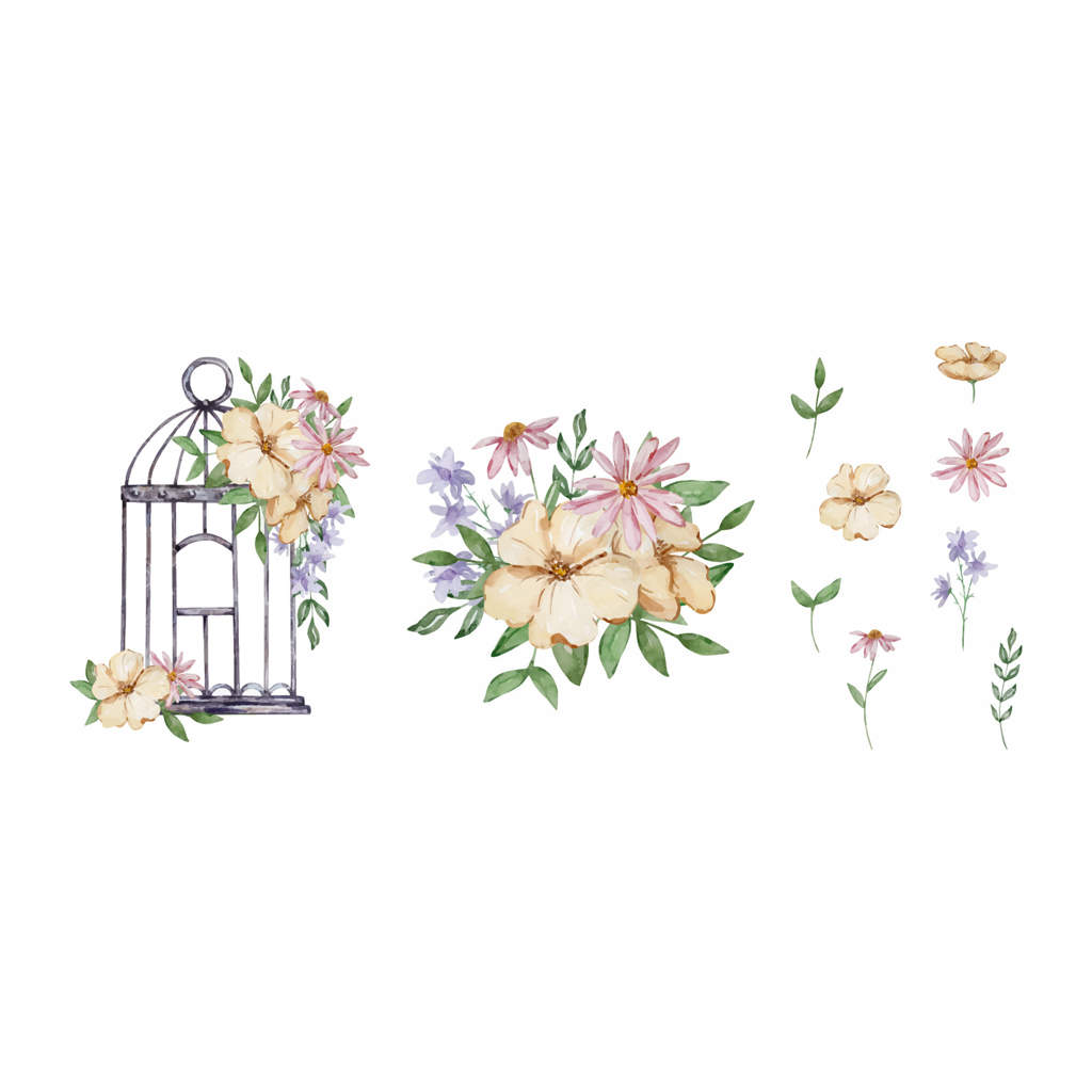 قفس پرنده آبرنگی با مجموعه‌ای از گل‌های باغی
