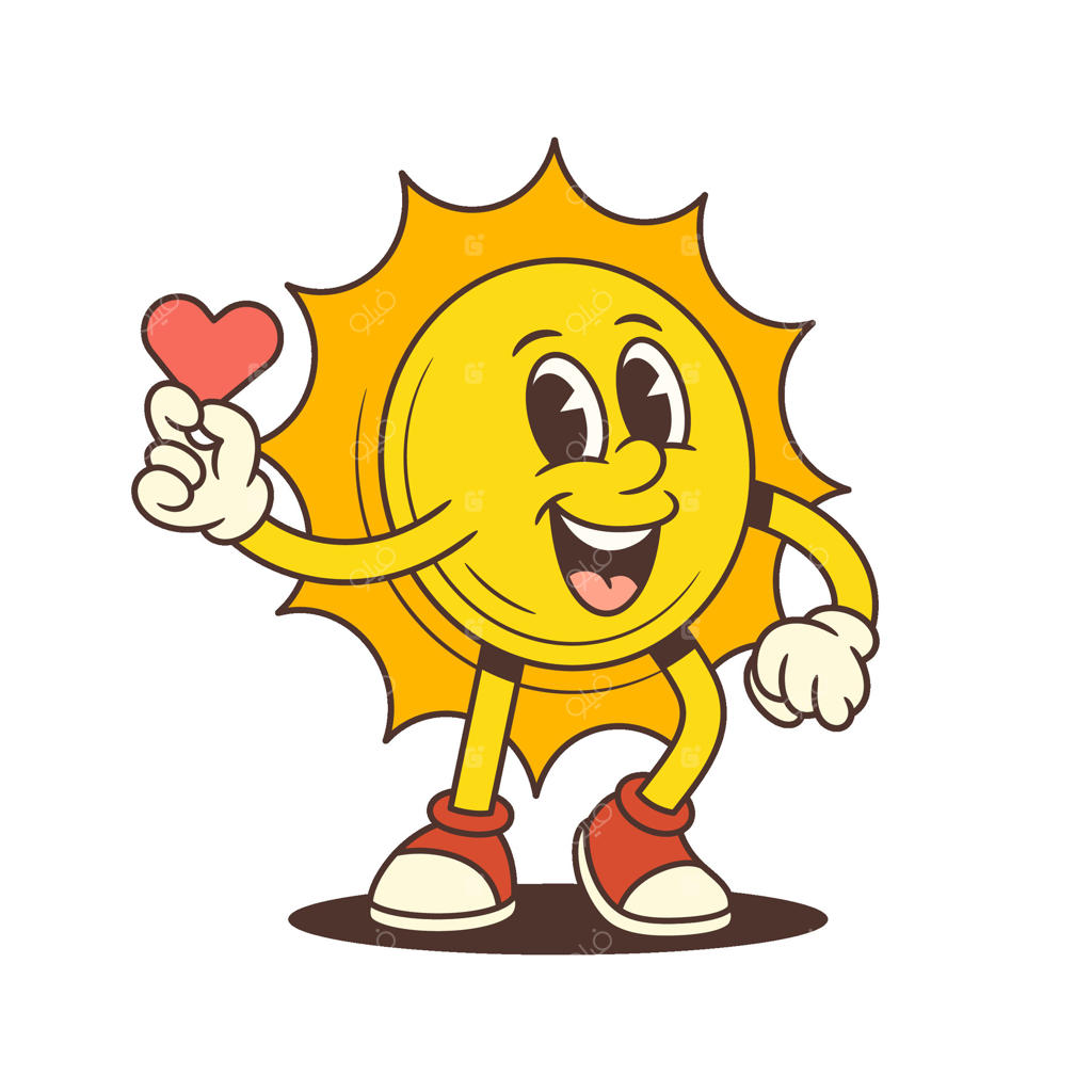 تصویر کارتون خورشید خندان در حال نگه‌داشتن قلب قرمز با چهره‌ای شاداب