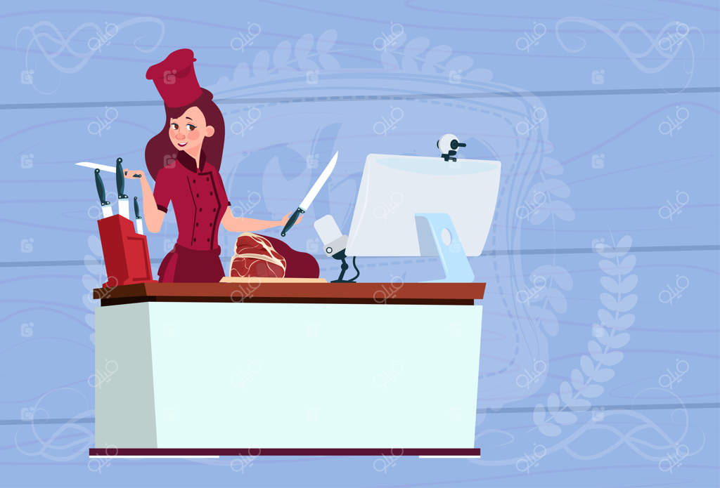 آشپز زن در حال تهیه ویدیو وبلاگی آشپزی مقابل دوربین کامپیوتر