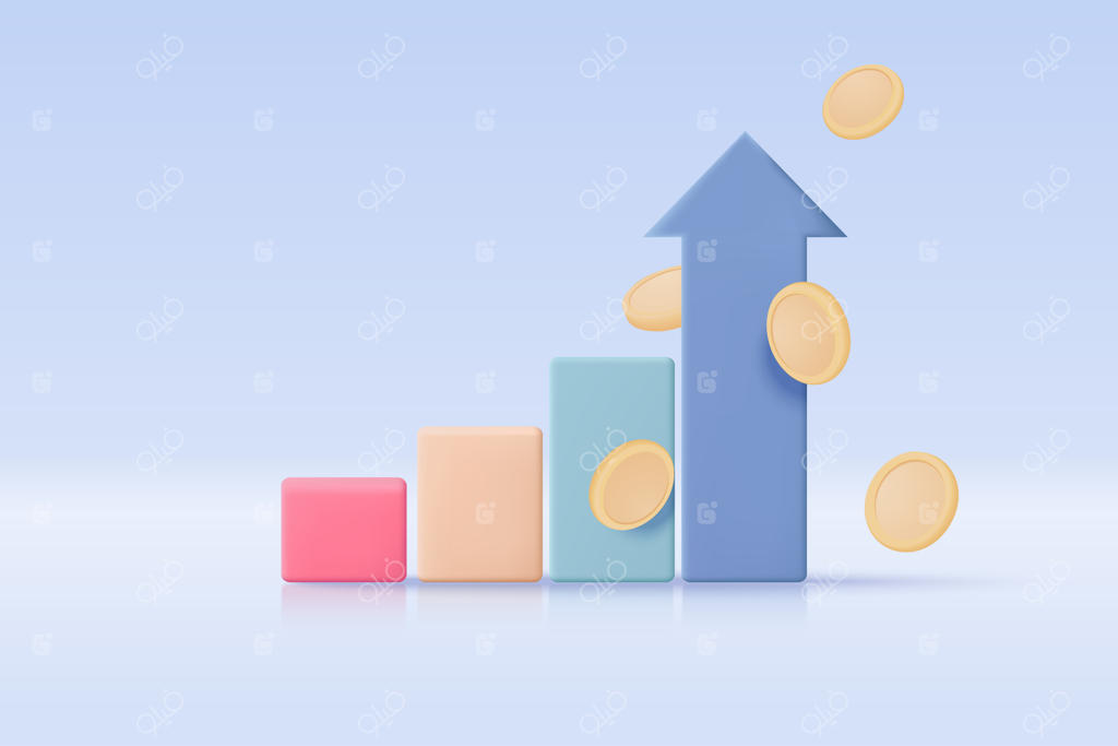 رهبری سه‌بعدی برای موفقیت در ایده‌های نو: سرمایه‌گذاری عالی با نمودار کسب‌وکار در پس‌زمینه، راه‌حل‌های خلاقانه سرمایه‌گذاری با پول و نمودار - رندر مالی سه‌بعدی روی پس‌زمینه آبی