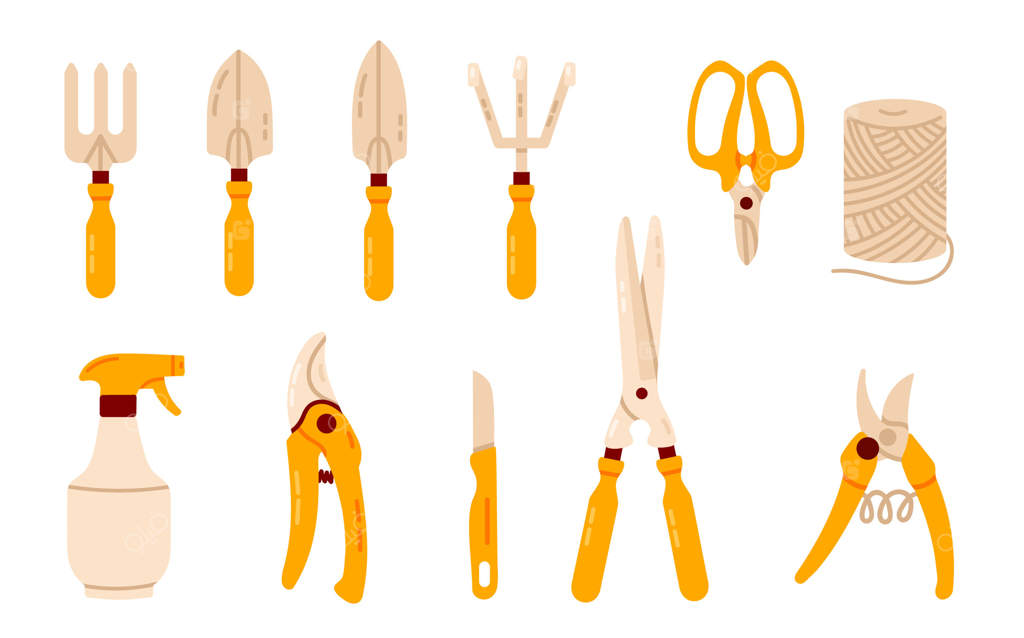 یک مجموعه ابزار ضروری باغبانی دستی شامل قیچی هرس، بیلچه، اسپری کننده و قیچی برای مراقبت از گیاهان و نگهداری باغ.