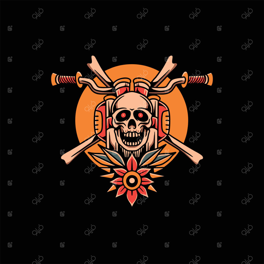 طرح وکتور تاتو جمجمه و موتورسیکلت