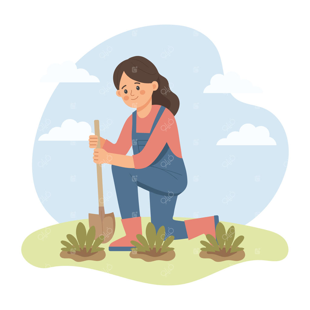 دختری با بیل در حال مراقبت از گیاه. زن باغبان در بهار. تصویرسازی بامزه به سبک ساده.