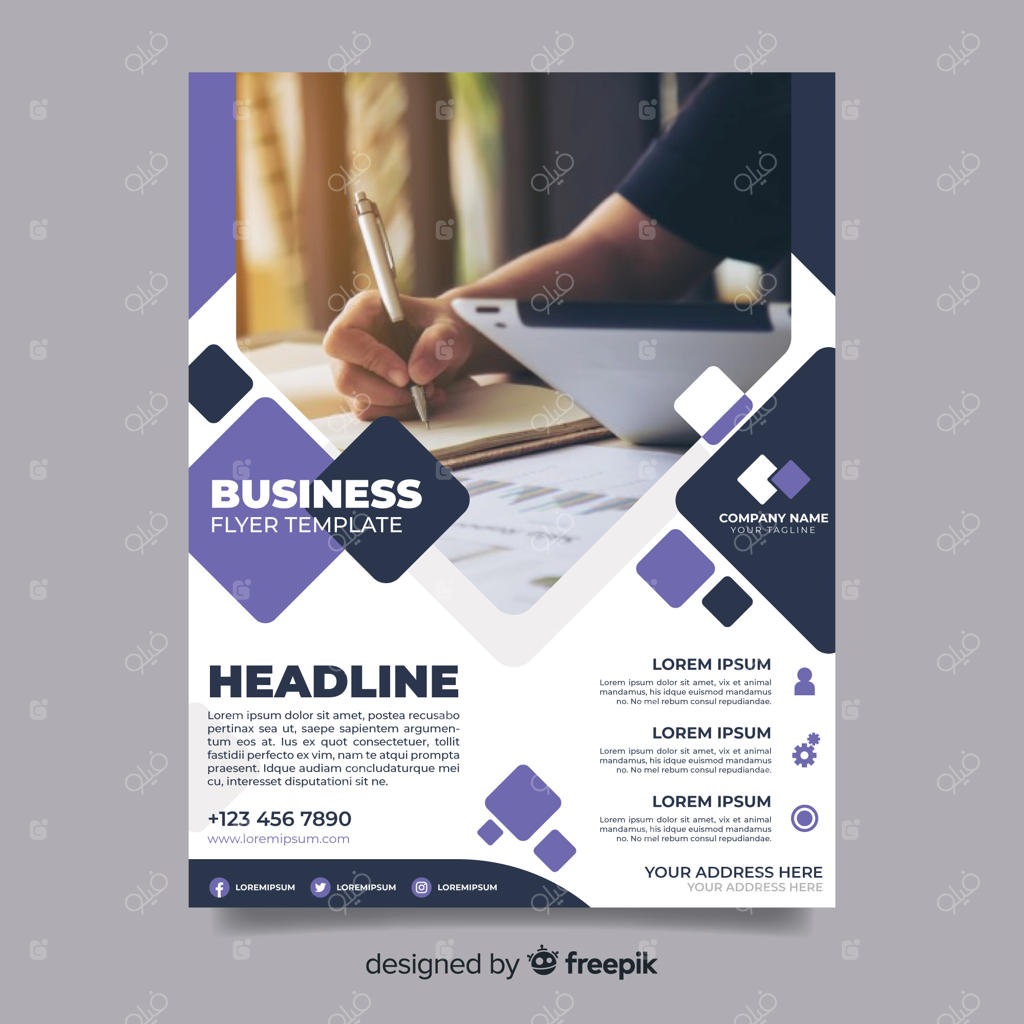 تراكت تجاری مدرن با تصویر زنی در حال نوشتن