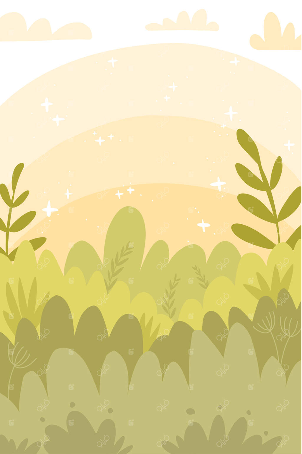 تصویرسازی از منظره باغ با درختان سبز و چمنزار در غروب برای جلد کتاب داستان کودکان