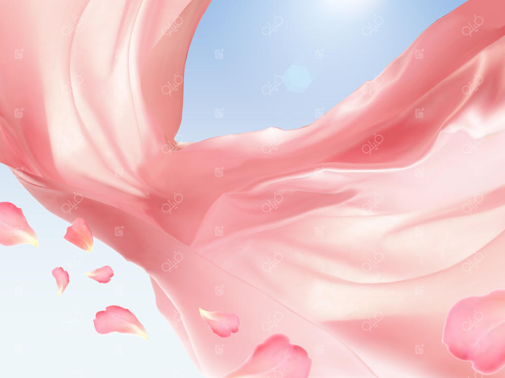 پارچه صورتی معلق، عناصر طراحی رمانتیک بافت ابریشمی و نرم در پس‌زمینه آسمان آبی