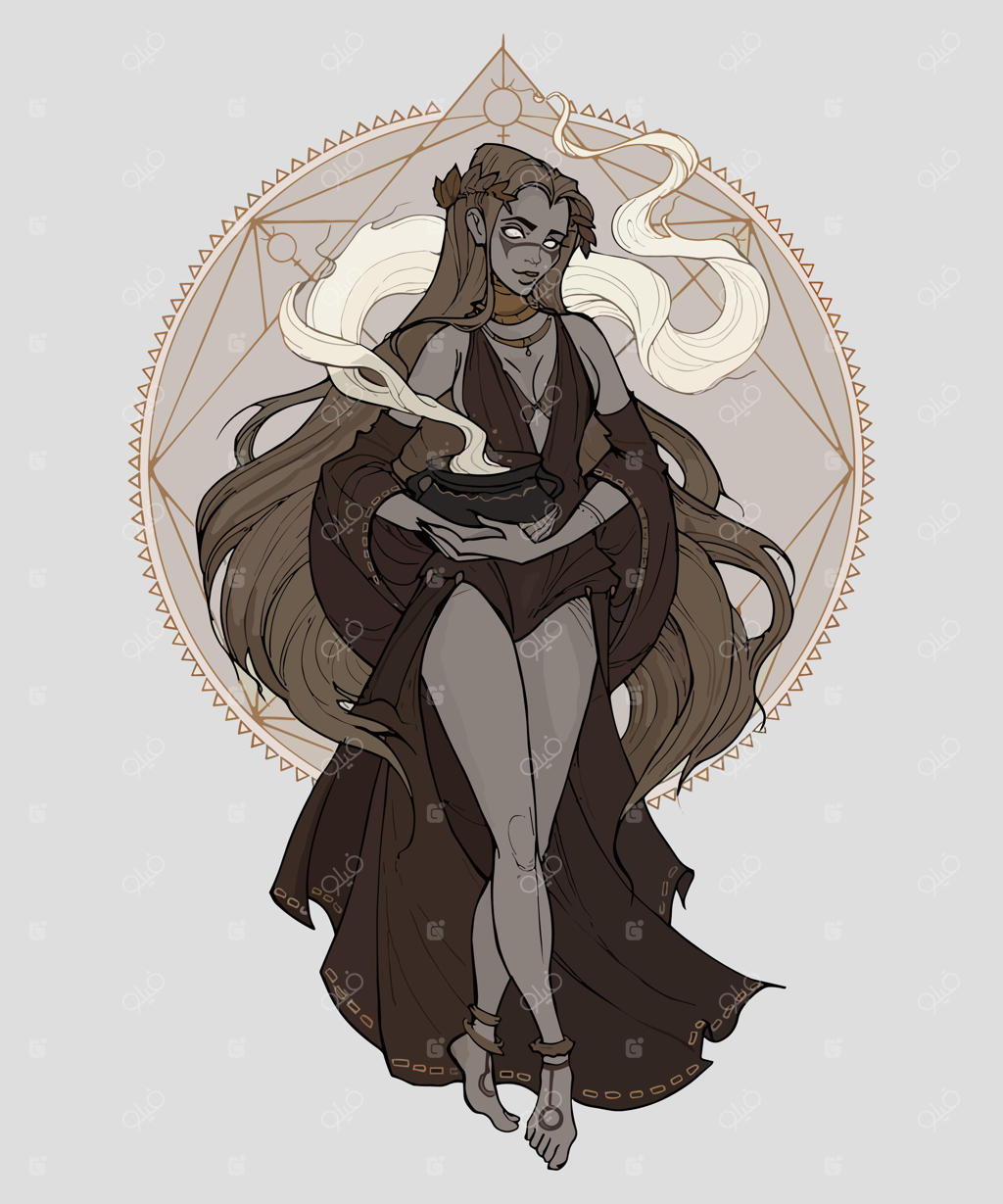 نقاشی زنی با کیمونو و شاخ در میان حلقه‌ای بزرگ از دود