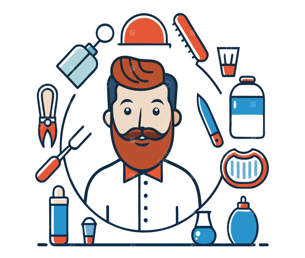 آیکون آرایشگر با لوازم پیرایش و تصویر مرد به سبک قدیمی