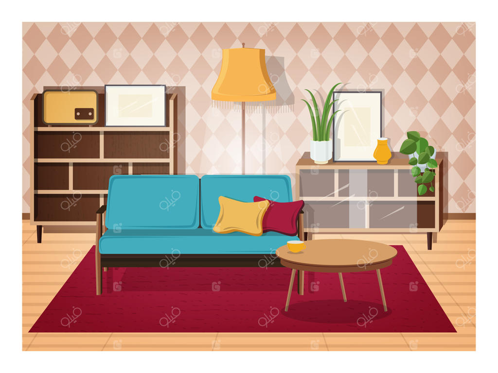 طراحی داخلی رترو برای اتاق نشیمن با مبلمان و تزئینات قدیمی - کاناپه راحت، میز قهوه‌خوری، گیاهان خانگی، کمد، چراغ ایستاده، و رادیو. تصویرسازی به سبک ساده.