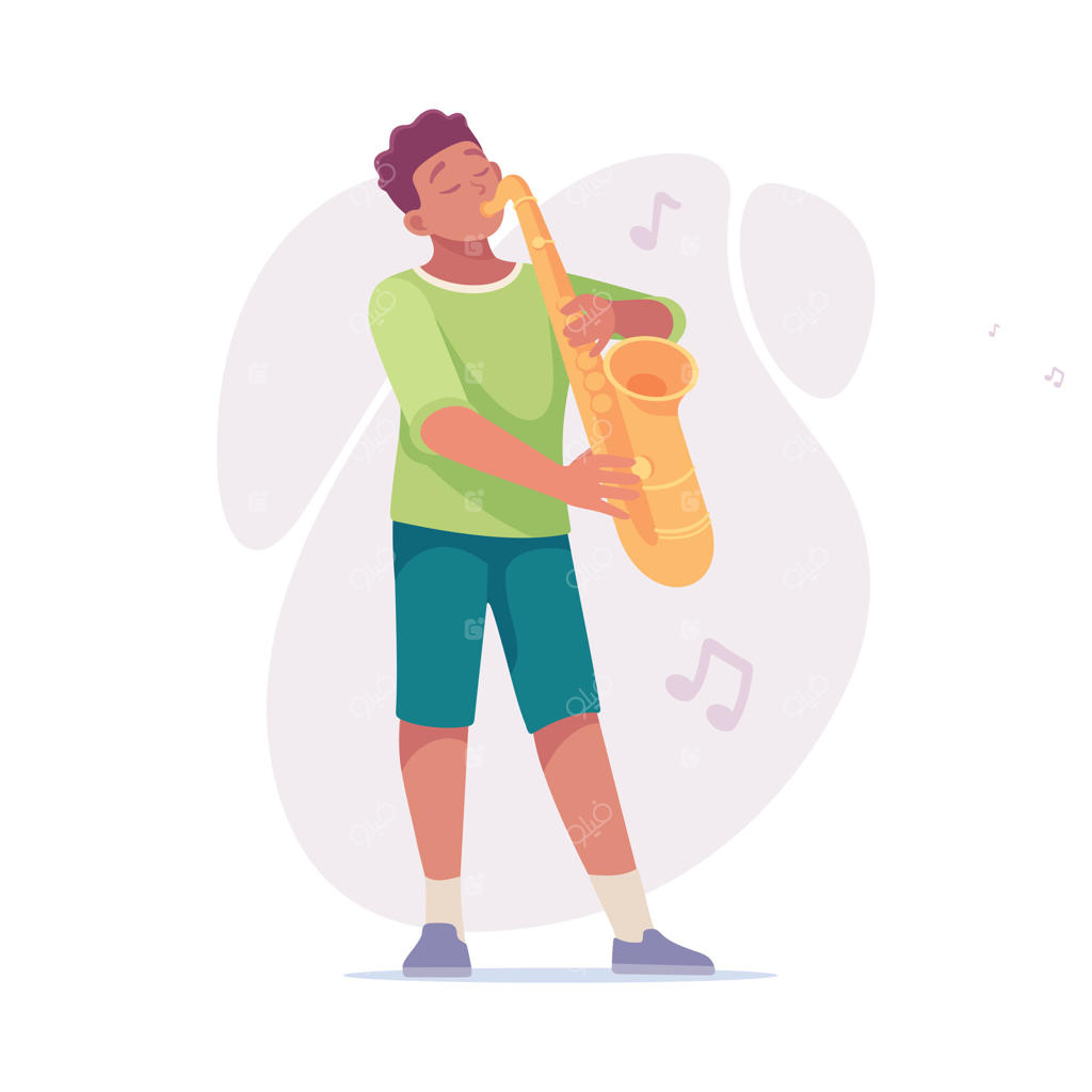 نوازنده جوان در حال اجرای پرشور و باانرژی ساکسیفون روی صحنه