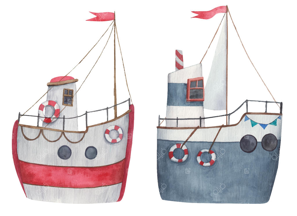 مجموعه‌ای از کشتی‌ها و قایق‌های بادبانی به رنگ‌های قرمز و آبی با بادبان‌ها و پرچم قرمز از بالا، نقاشی آبرنگ برای کودکان روی زمینه سفید
