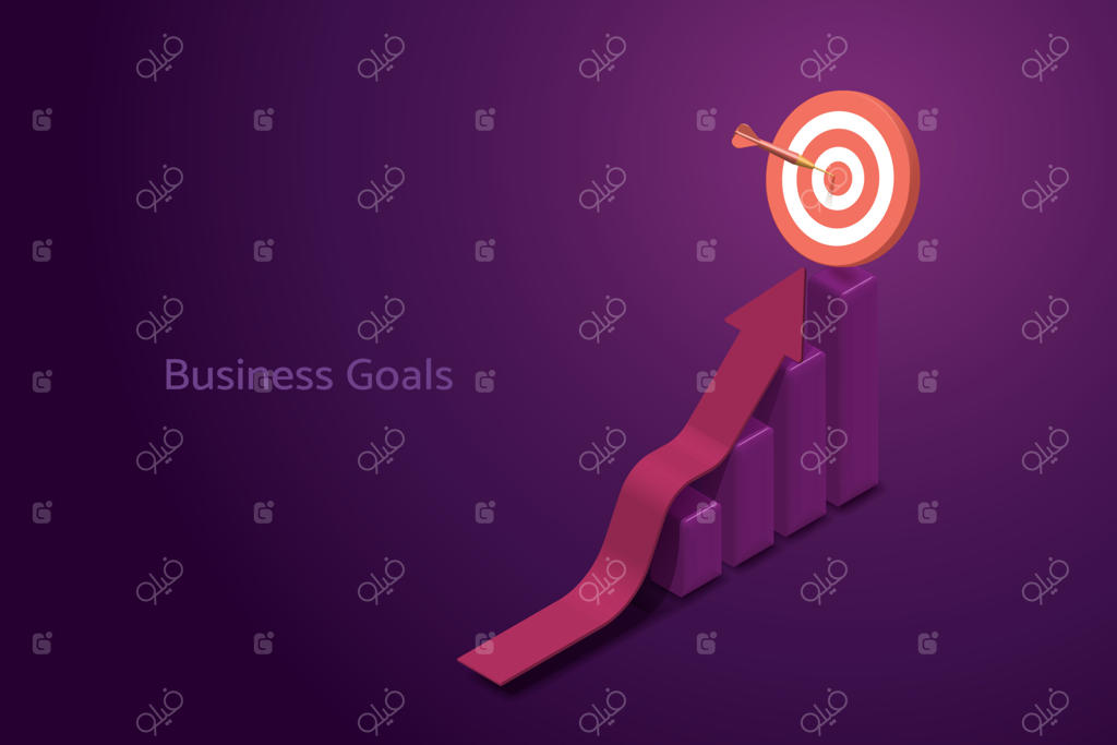 فلش قرمز به سمت هدف روی نمودار میله‌ای با پس‌زمینه بنفش هدایت شده است.