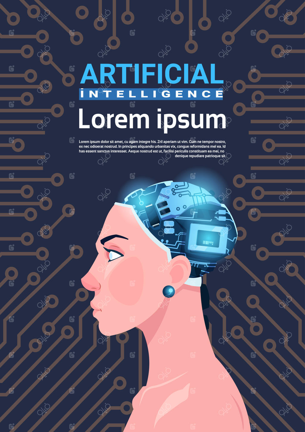 تصویر عمودی سر زن با مغز سایبورگ مدرن بر روی پس‌زمینه مدار الکترونیک