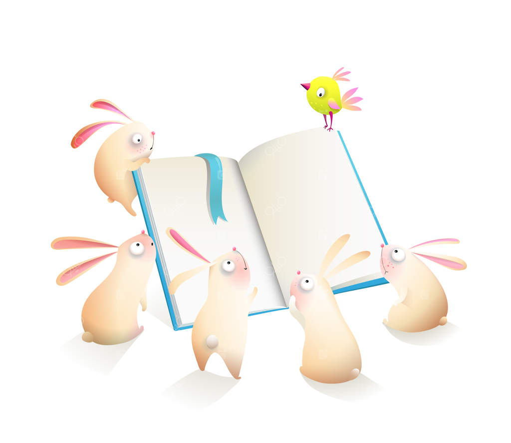 خرگوش‌های دوست‌داشتنی در حال مطالعه کتاب باز