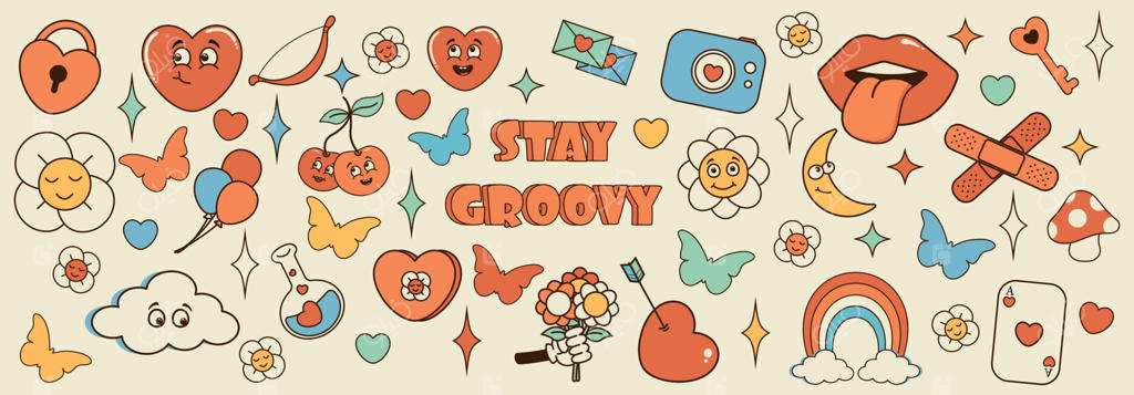 مجموعه عاشقانه دهه ۷۰. قلب بامزه کارتونی، رنگین‌کمان، گل، دوربین، قارچ، بابونه، تیر و کمان. مجموعه‌ای از برچسب‌ها به سبک کارتون‌های روانگردان قدیمی و مرسوم.