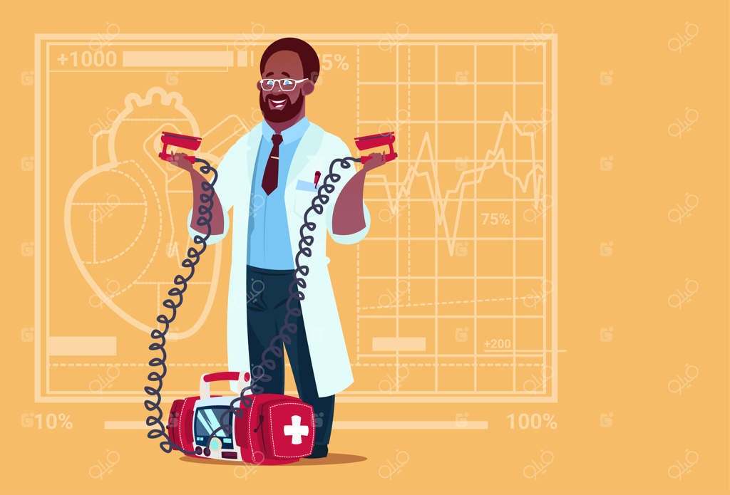 پزشک آفریقایی-آمریکایی با دستگاه دفیبریلاتور در بیمارستان برای احیای بیمار مشغول به کار است