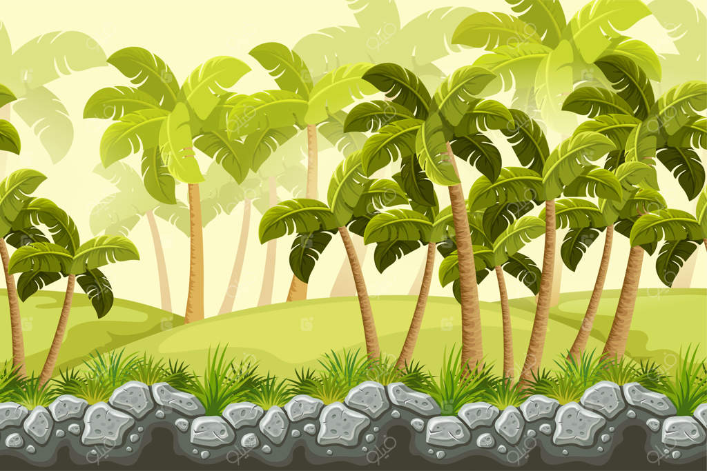 نخل‌ها و صخره‌های سنگی در جنگل، منظره بی‌پایان.