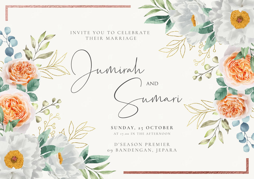 کارت دعوت عروسی شیک با پس‌زمینه گل‌های آبرنگی