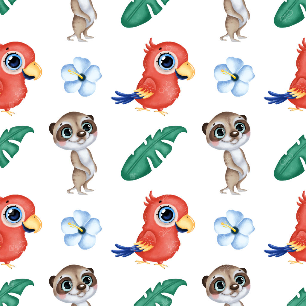 الگوی بدون درز حیوانات استوایی کارتونی و بامزه. پترن طوطی ماکائو، میرکت، گل‌های ختمی و برگ‌های نخل.