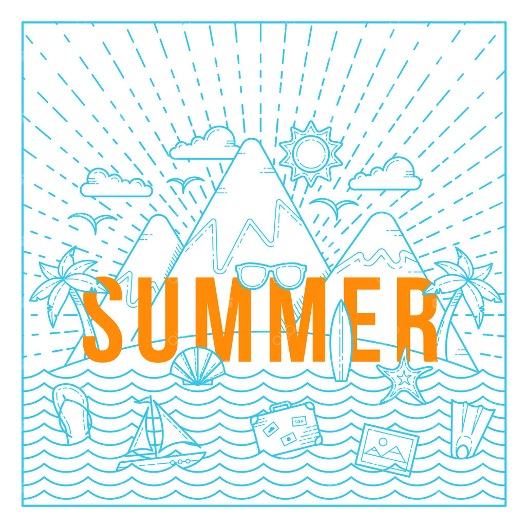 کارت یا پس‌زمینه تابستانی: طراحی مسطح با تصویر جزیره، اقیانوس، کوه‌ها و نخل‌ها به همراه آیکون‌های سفر