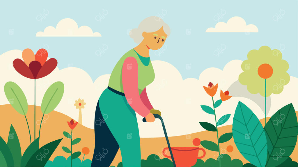 قدم زدن در باغ: زنی سالمند با کمک واکر باغبانی در حال رسیدگی به گل‌ها و لبخند زنان از زیبایی طبیعت اطراف لذت می‌برد.