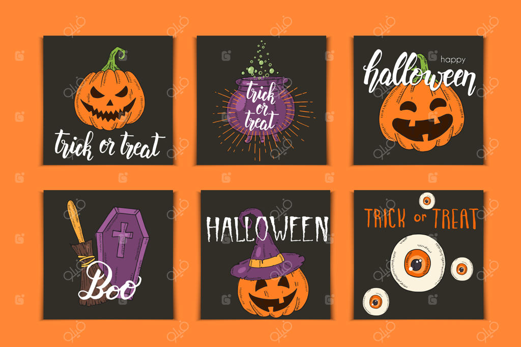 ست کارت دعوت هالووین با آیکون‌ها و نوشته‌های دست‌کشیده: کدوتنبل، کلاه جادوگر، جاروب، کلاه، شیرینی، آبنبات، تابوت و دیگ معجون به سبک طرح اولیه.