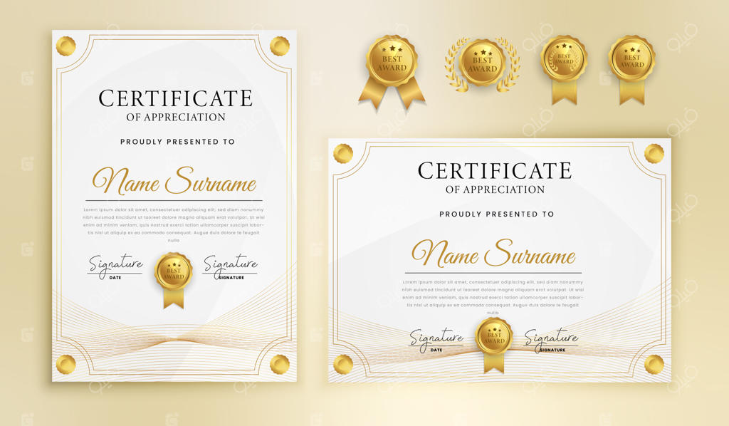 پترن گواهینامه قدردانی با حاشیه و خطوط طلایی موج‌دار