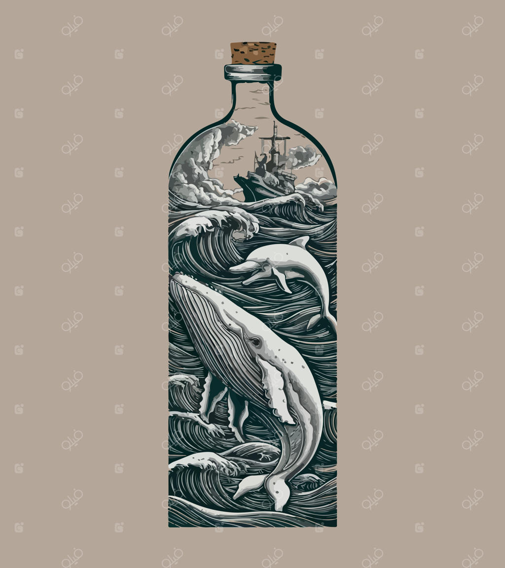 دلفین‌های درون بطری و کشتی در پس‌زمینه