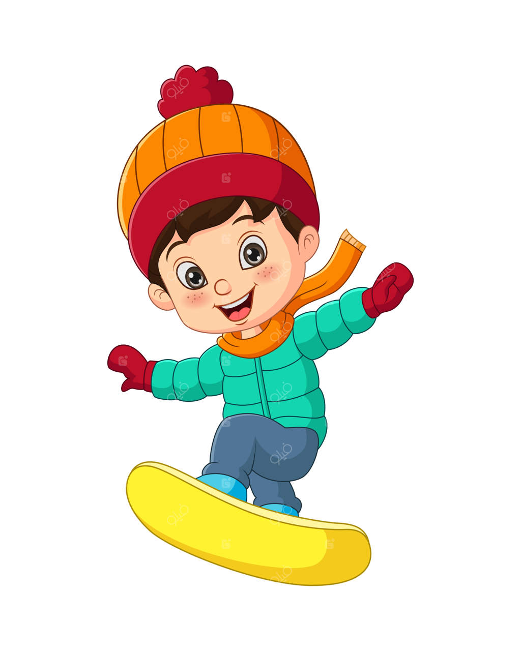 پسر بچه‌ی بامزه‌ای که با لباس زمستانی اسنوبورد بازی می‌کند