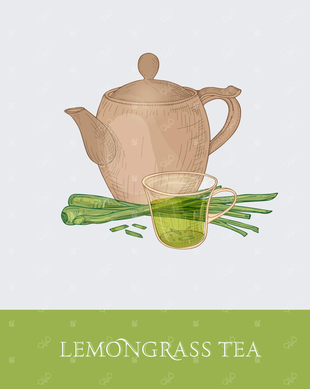 نقاشی رنگارنگ قوری، لیوان و ساقه‌های تازه علف لیمو روی پس‌زمینه خاکستری