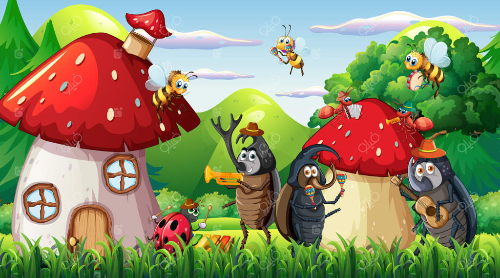 صحنه طبیعت با حشرات کارتونی