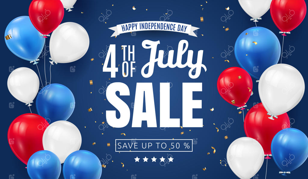 طراحی بنر فروش ویژه روز استقلال چهارم جولای با بادکنک‌هایی به رنگ پرچم آمریکا. تصویرسازی تعطیلات ملی آمریکا با عناصر تایپوگرافی تخفیف ویژه برای کوپن، ووچر، بنر و تراکت.
