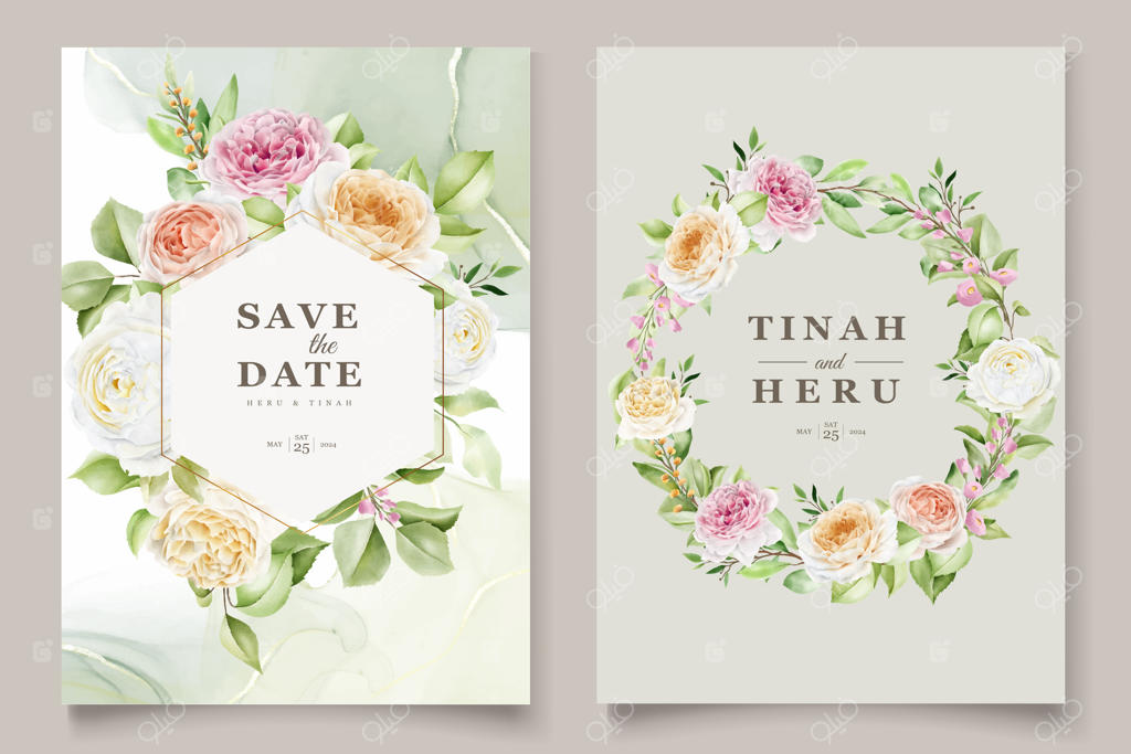 مجموعه کارت دعوت عروسی با طراحی دستی گل‌های رز زیبا