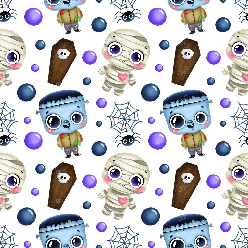 پترن یکپارچه کارتونی و بامزه هالووین: مومیایی، هیولا، زامبی‌ها، تابوت و عنکبوت در نسخه دیجیتال.