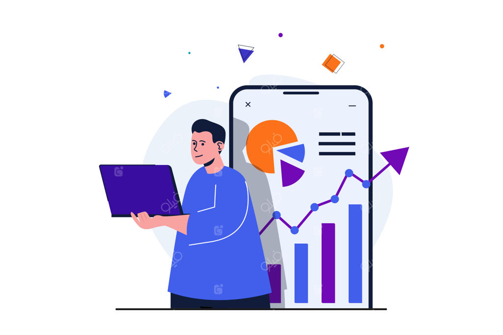 مفهوم مدرن رشد کسب و کار برای طراحی بنر وب - تحلیل نمودارها توسط مردی متخصص