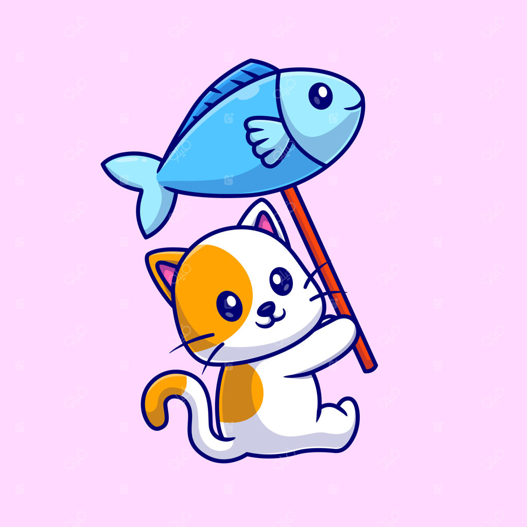 تصویر وکتور گربه کارتونی بامزه با بادکنک ماهی