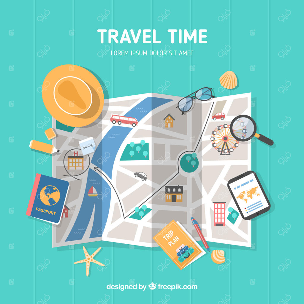 نقشه جهان و عناصر سفر با طراحی ساده و مینیمال