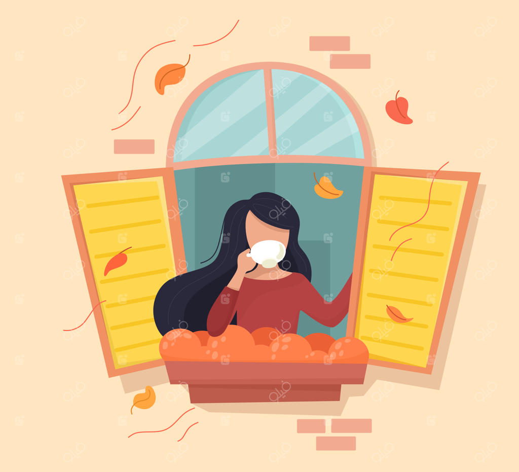 دختری با فنجان قهوه در کنار پنجره پاییزی به سبک کارتونی ساده.