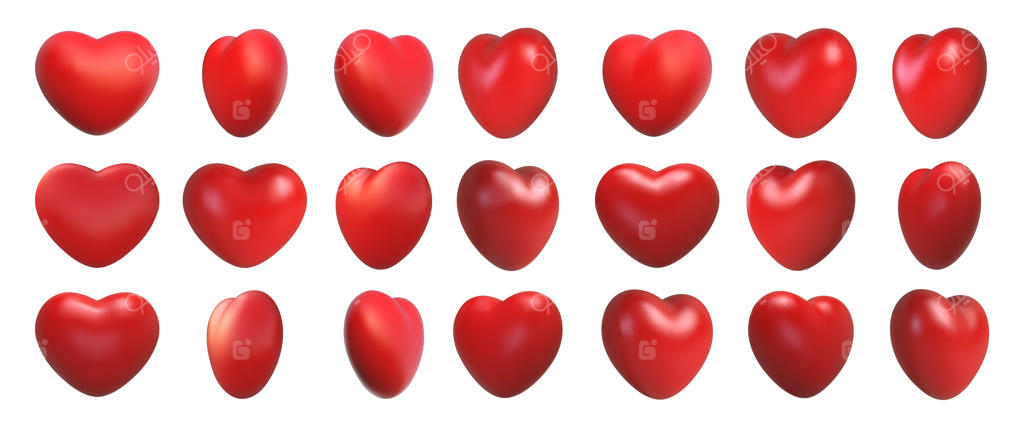 نماد عشق روز ولنتاین: چرخش قلب‌های سه‌بعدی. ایموجی رمانتیک و واقعی، آیکون قلب قرمز از نمای جلو و زاویه چرخش. مجموعه وکتور تزیینات عروسی.