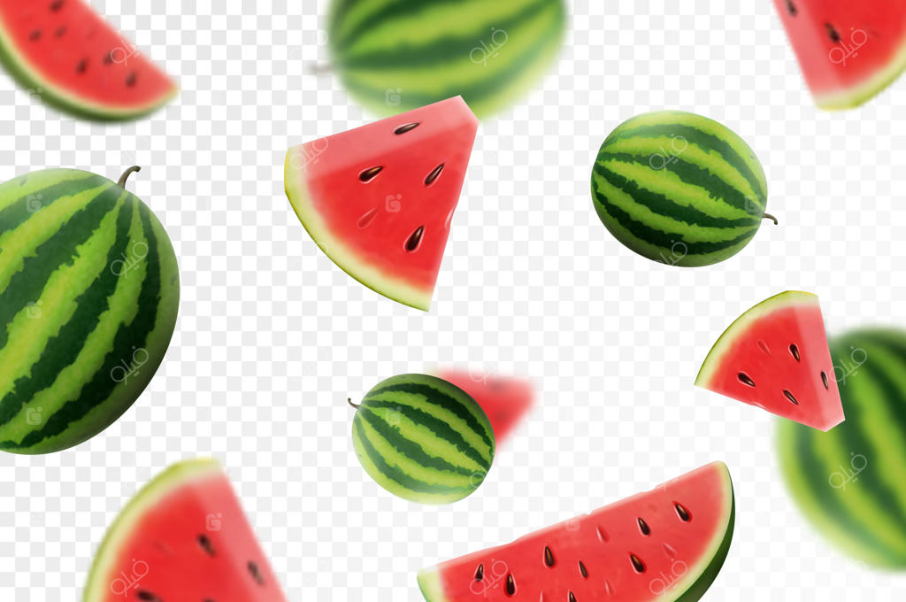 پس‌زمینه هندوانه با هندوانه‌های کامل و برش‌خورده در حال پرواز، به همراه افکت تاری که می‌تواند برای تبلیغات، بسته‌بندی، بنر، پوستر و طراحی چاپی سه‌بعدی واقع‌گرایانه استفاده شود.