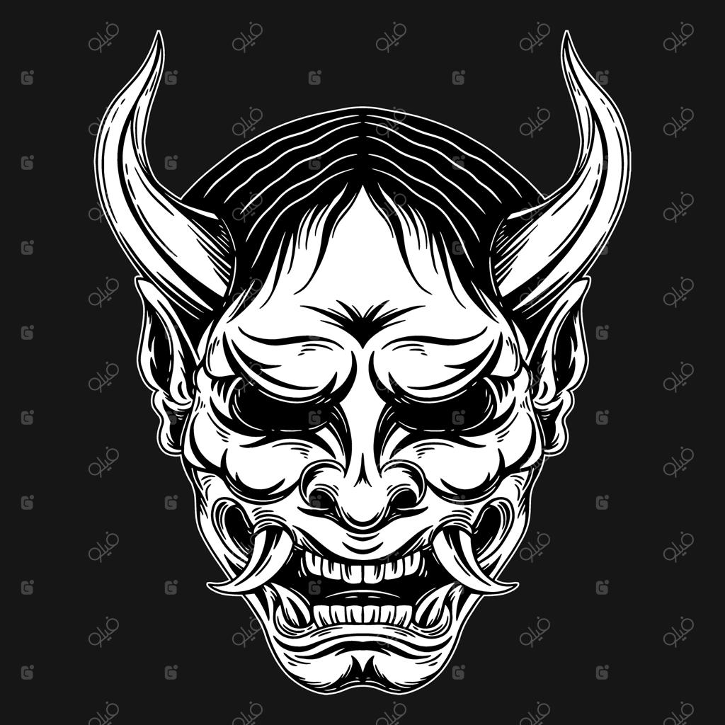 خالکوبی ماسک شیطان ژاپنی به سبک هاشور زنی هنر تاریک