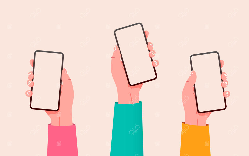 دست‌های برداری تخت با تلفن‌ها: نگه داشتن تلفن‌ها با صفحه‌نمایش خالی برای طرح نمونه در شبکه‌های اجتماعی