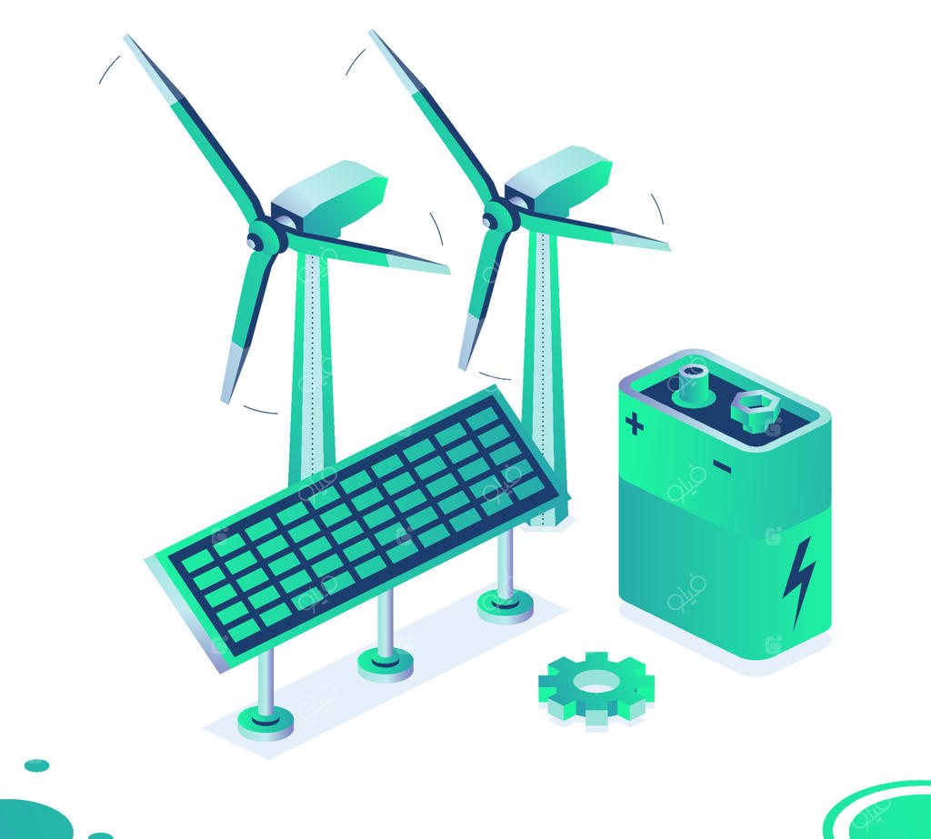 نیروگاه‌های بادی و خورشیدی ایزومتریک و باتری ۹ ولتی در زمینه‌ای سفید. تولید انرژی پاک و سبز. توربین‌های بادی و باتری نه ولتی.