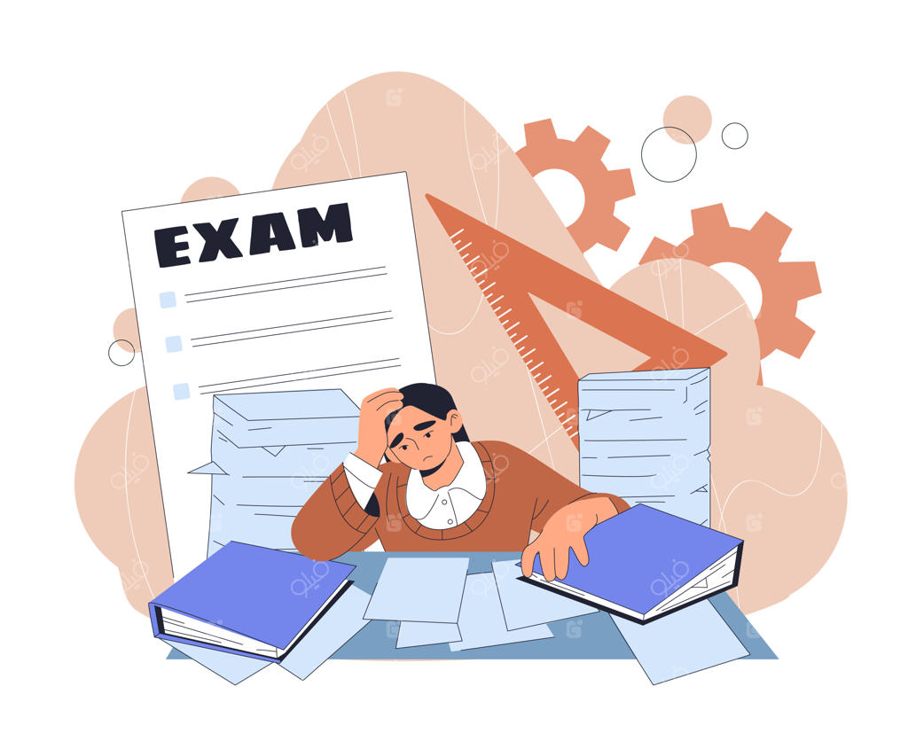 دختر نوجوان در حال آمادگی برای امتحان پشت میز با کتاب و دفتر و احساس فرسودگی روحی