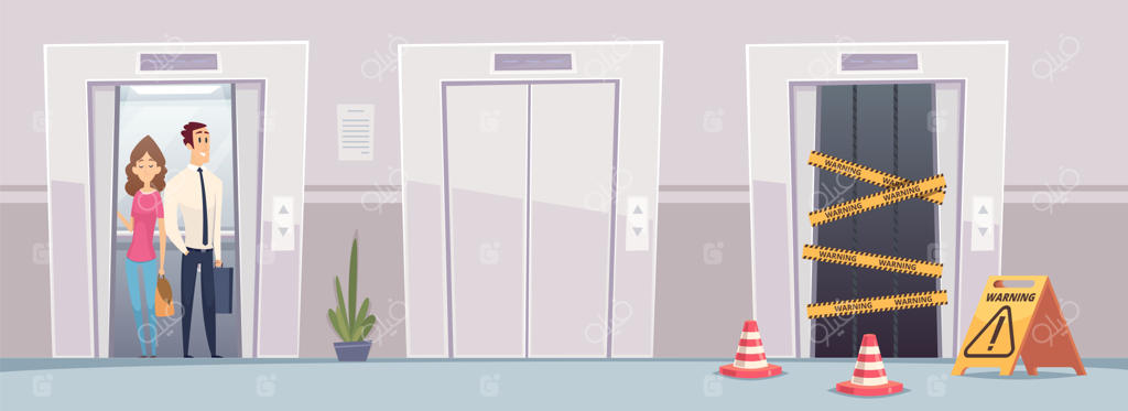 آسانسور: ساختمان اداری با درهای تعمیر باز و بسته، تصویرسازی وکتور داخلی لابی آسانسور. درب آسانسور باز، خراب و بسته برای تعمیر