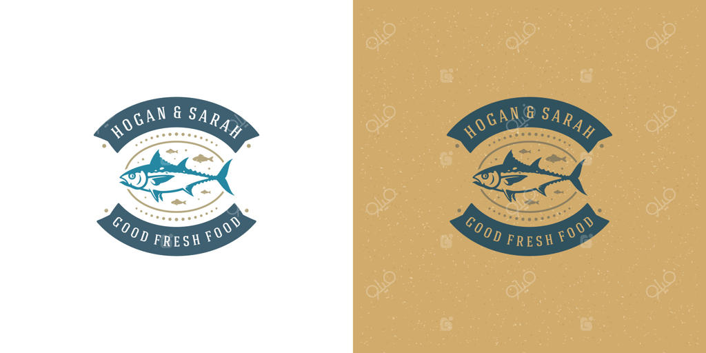 لوگو یا نشان غذاهای دریایی: طراحی الگوی آرم بازار ماهی و رستوران با سیلوئت ماهی تن