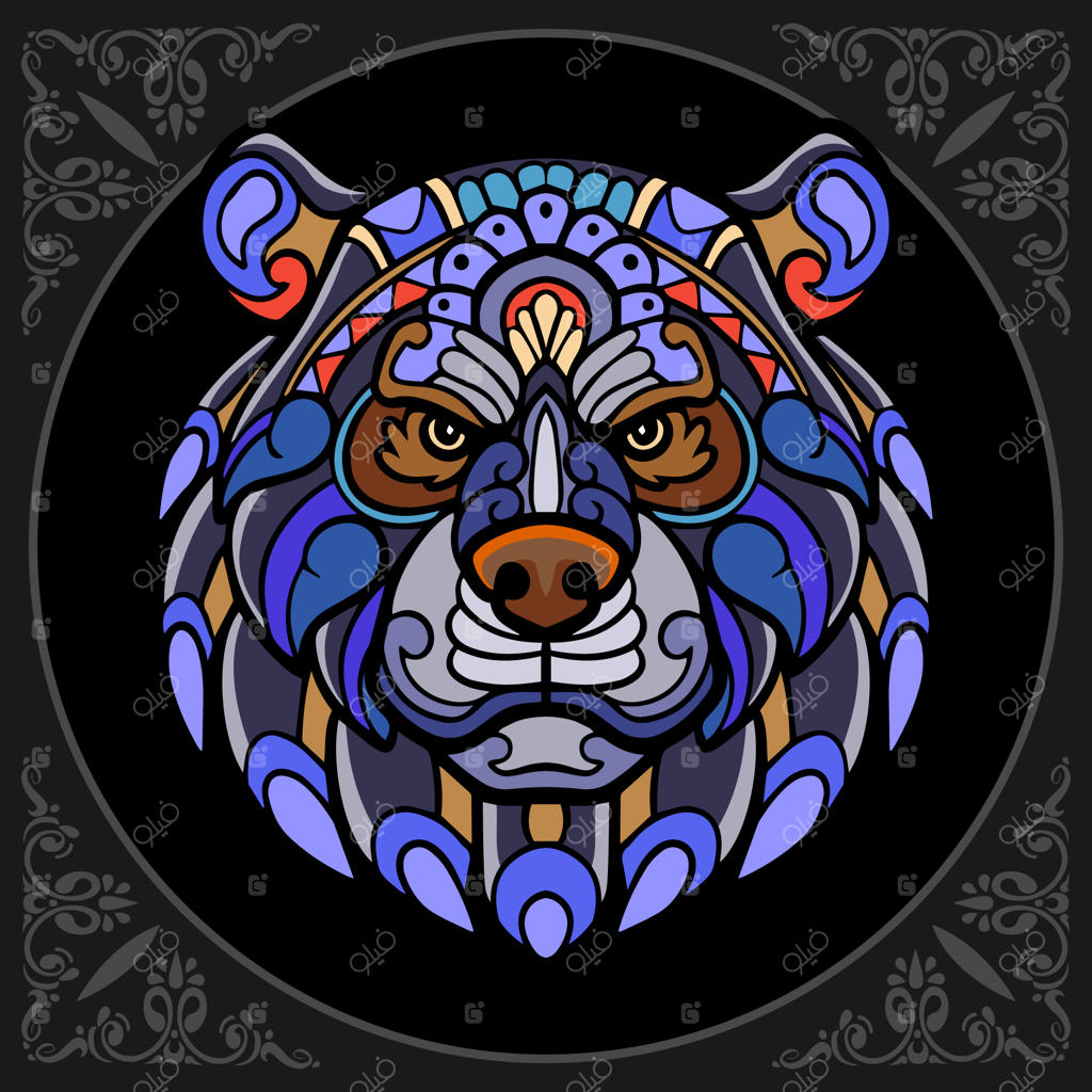 هنر زنتنگل خرس گریزلی رنگارنگ بر روی زمینه سیاه