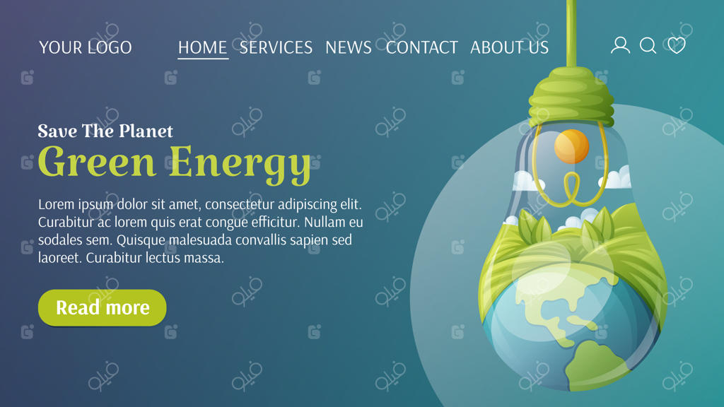 طرح وکتور لامپ با کره زمین و منظره، نوشته انرژی سبز، قالب وب‌سایت. با مفهوم اکولوژی، نجات زمین و حفاظت از محیط زیست. مناسب برای بنر، پوستر و تبلیغات.